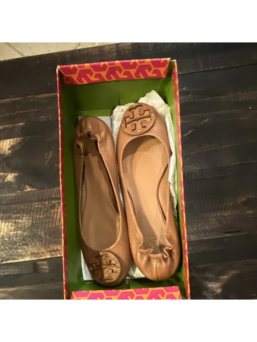 Tory Burch Brown Leather Logo Ballet Flats Comfort Slip On Women's US 7.5 M